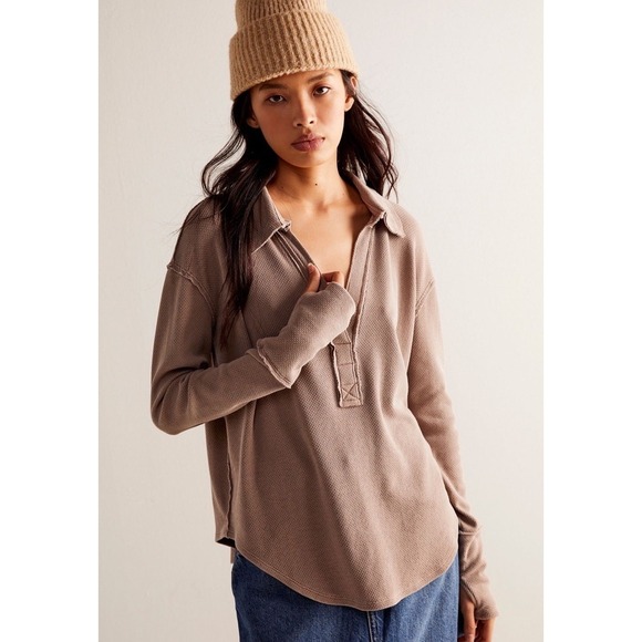 Free People We The Free Anakin Thermal Knit Top Large Tan Slouchy Boho Grunge - Picture 2 of 10